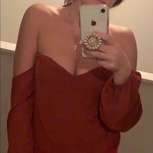 burnt orange off the shoulder top